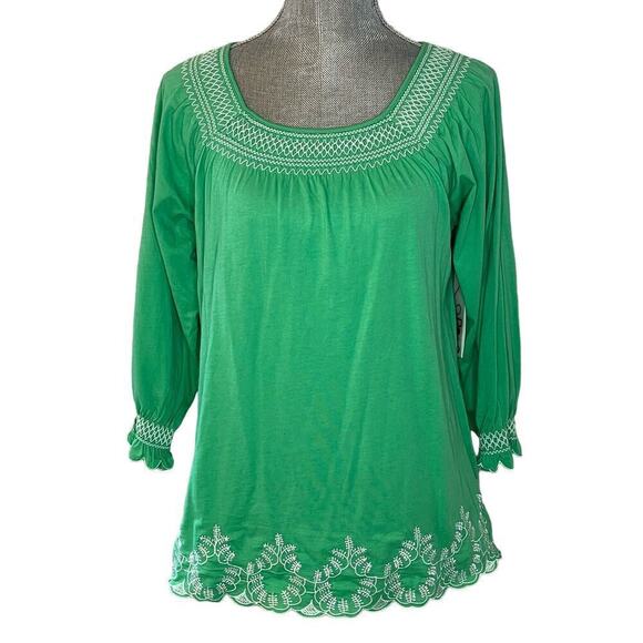 RXB Tops - RXB Embroidered Cotton Shirt Flowy Boho Green Medium M 3/4 Quarter Sleeve NWT
